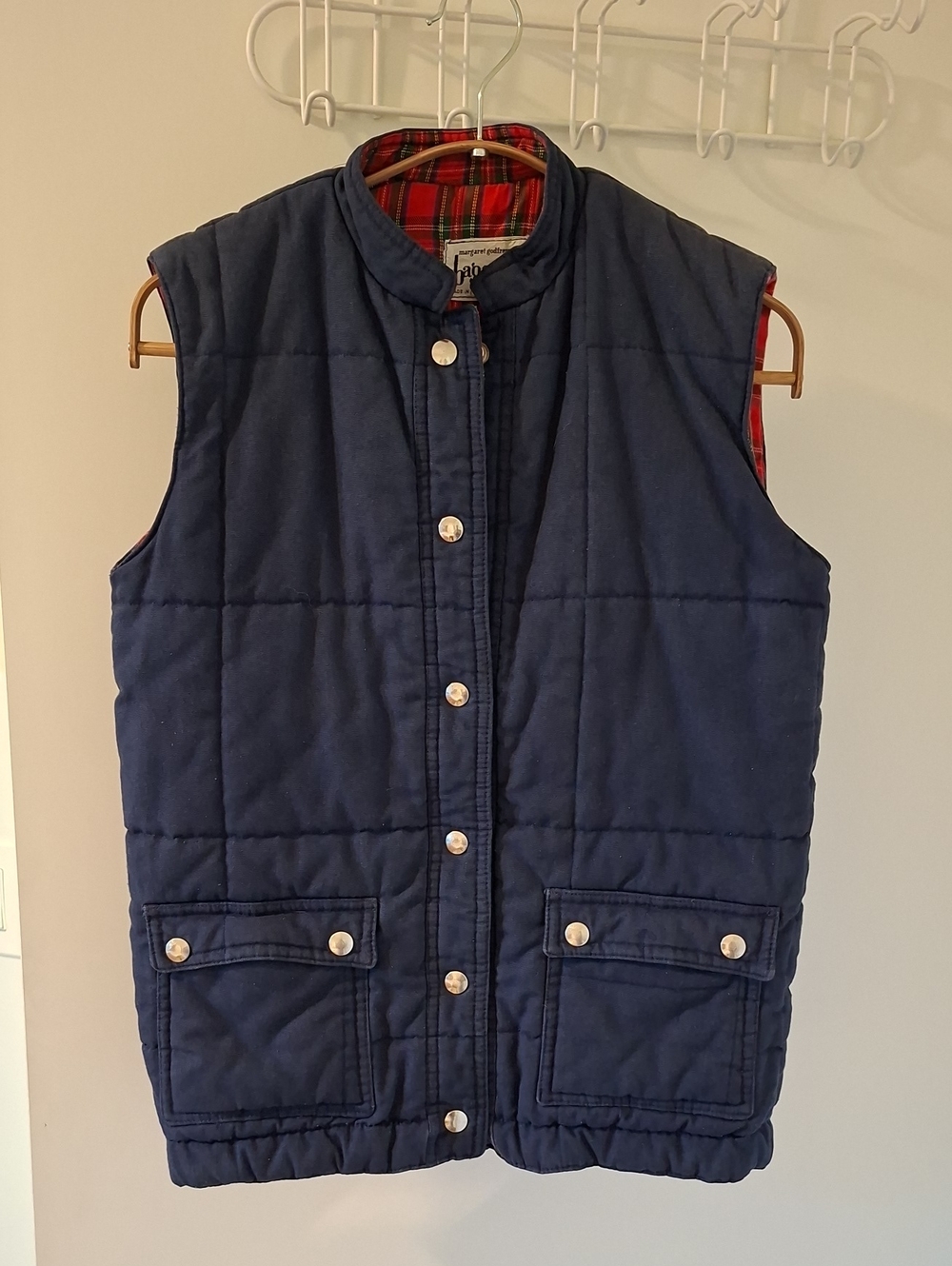 Vintage Bagatelle Blue Cotton Puffer Vest w/ Red Plaid/Tartan Lining (Size XS/S)